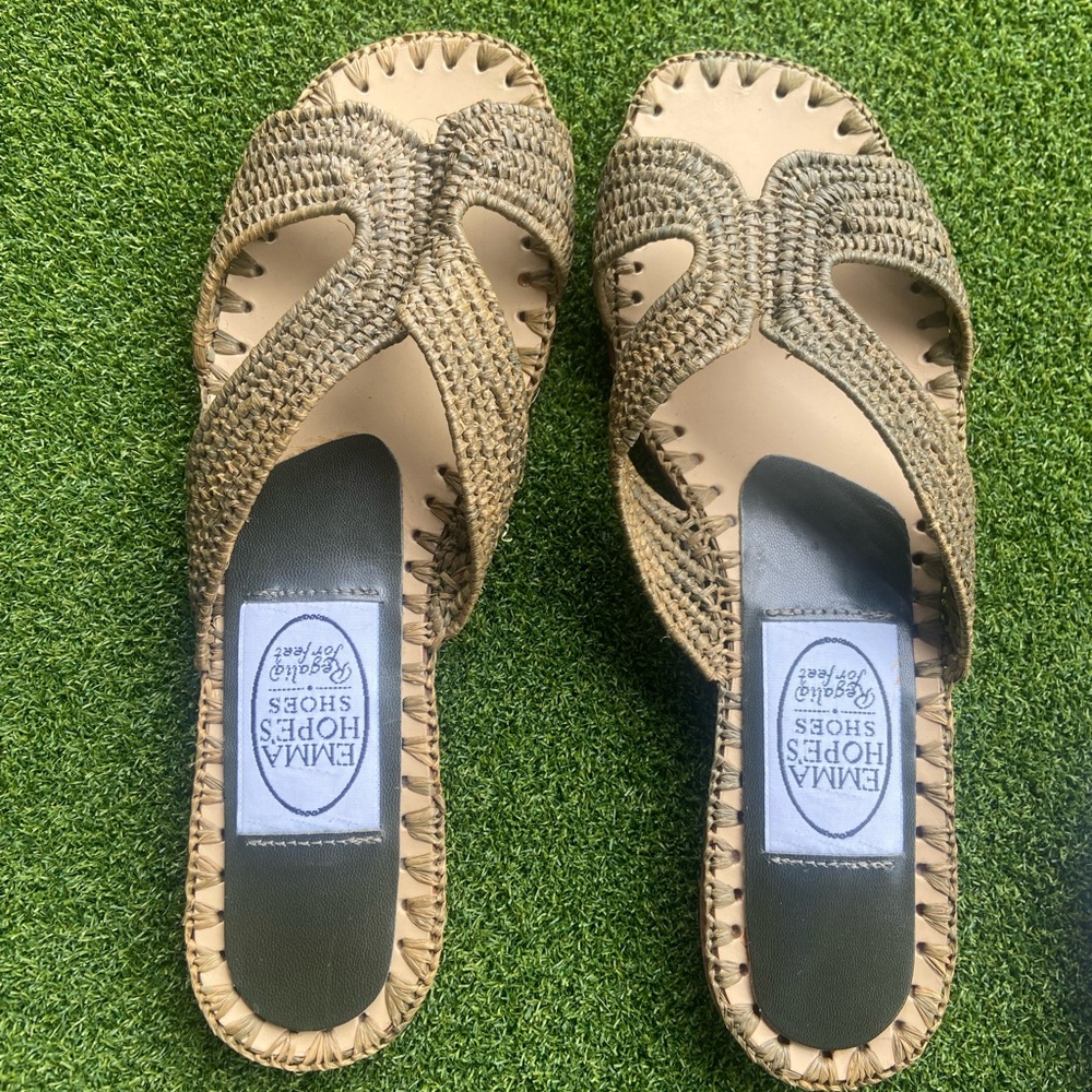 Emma Hopes Designer Kahki Raffia H Sandal Flats EU 36 New
